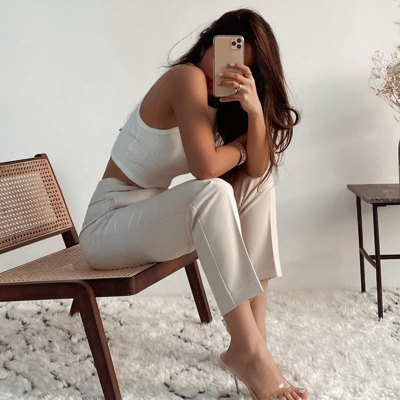 Pantalon slim basique plissé décontracté taille haute de couleur unie