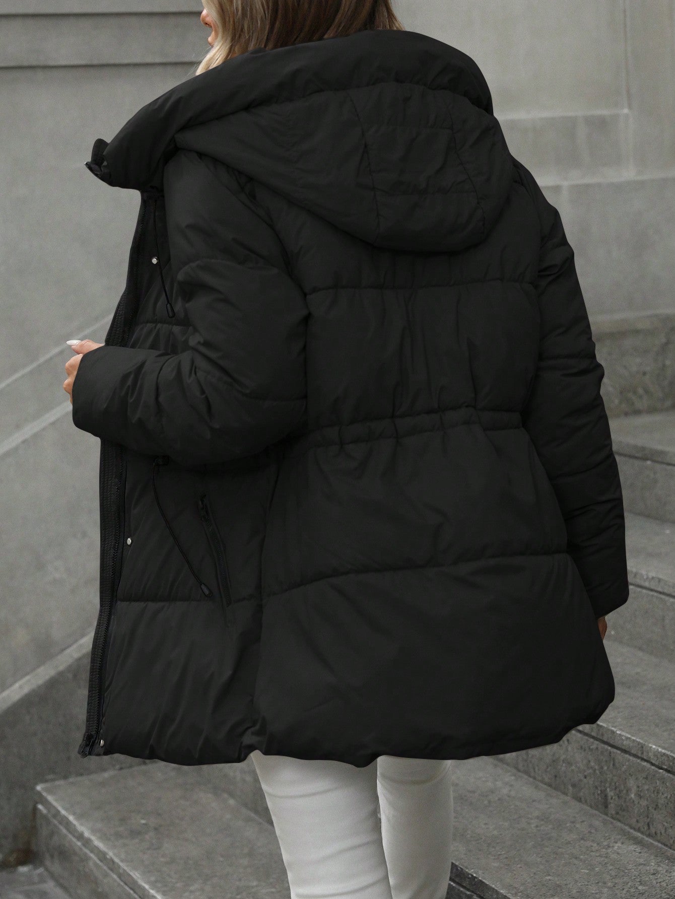 Casual Adjustable Waist Quilted Mid-Length Hooded Padded Padded Coat Clothes Winter For Women