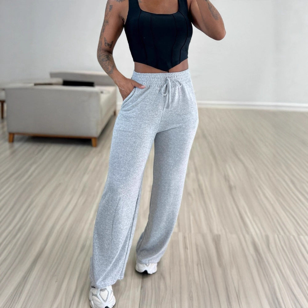 Solid Color High Waist Lace-up Elastic Waist Trimming Casual Trousers