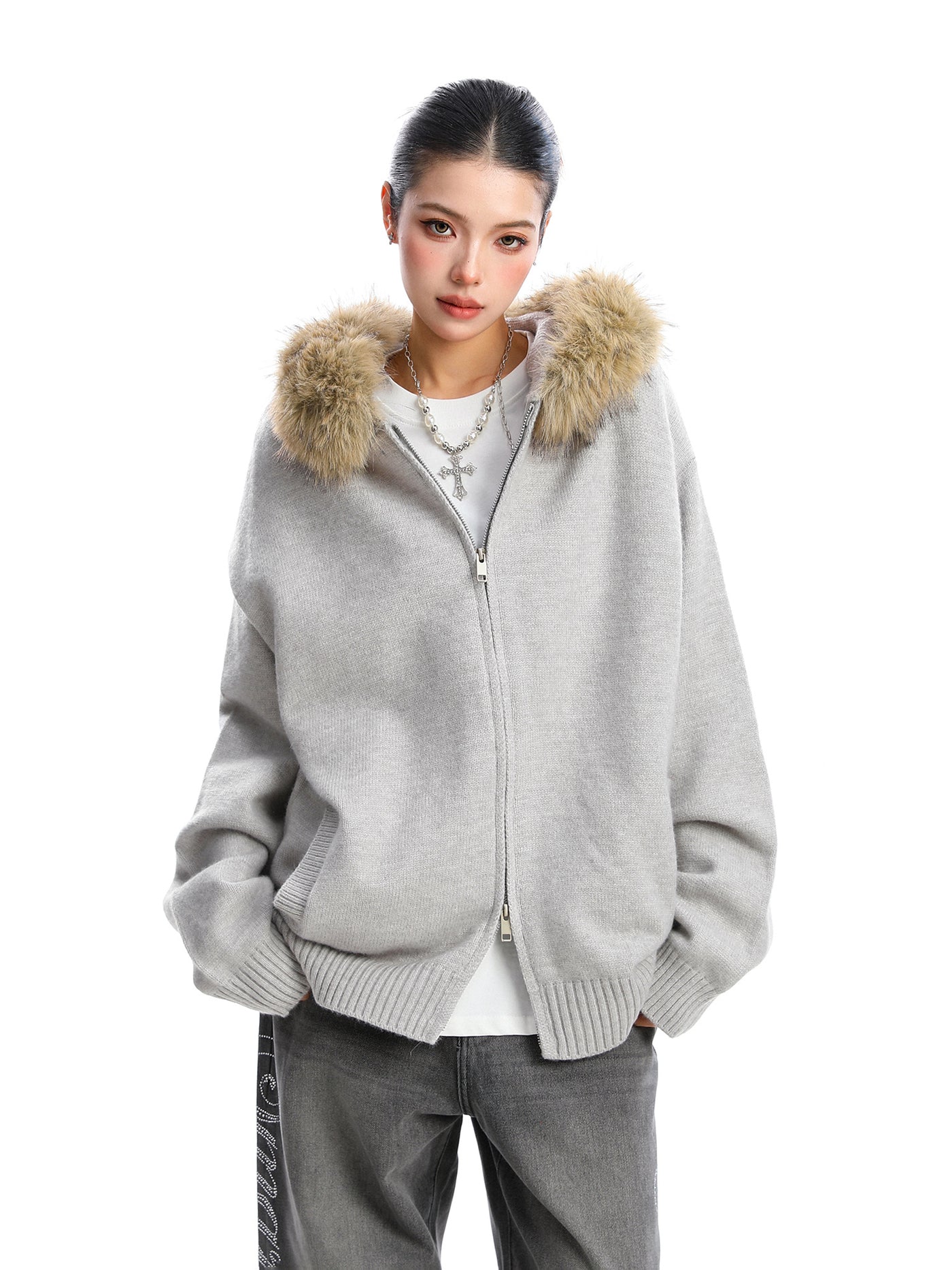 Detachable Fur Collar Hood Sweater Women's Coat