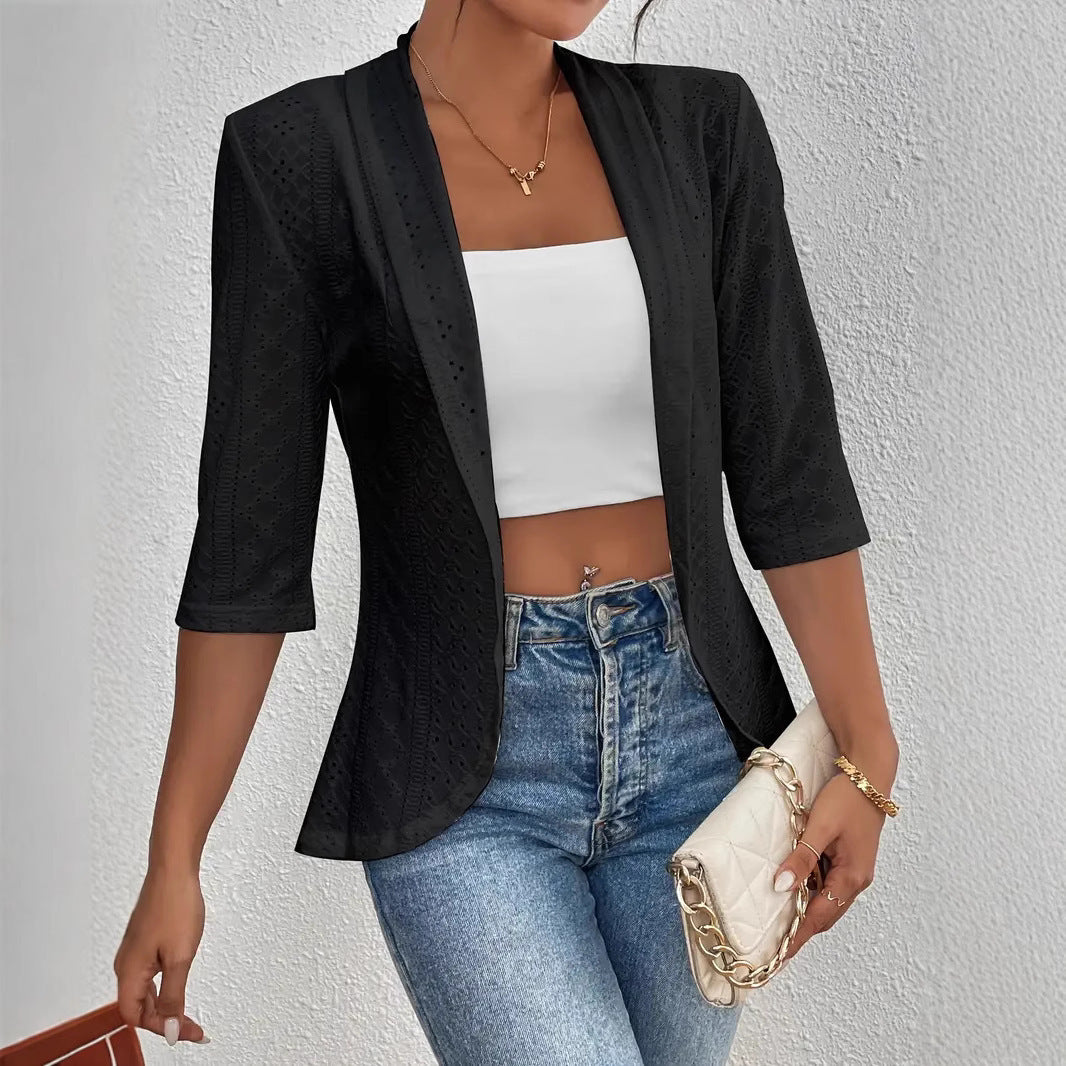 Manteau châle fin décontracté à manches mi-longues pour femme, couleur unie