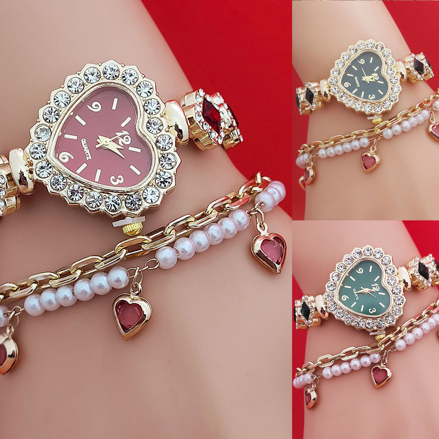 Montre-bracelet tendance en forme d'amour, montre à quartz en forme de cœur couleur diamant, ensemble de bijoux tendance pour femme, cadeau de Saint-Valentin