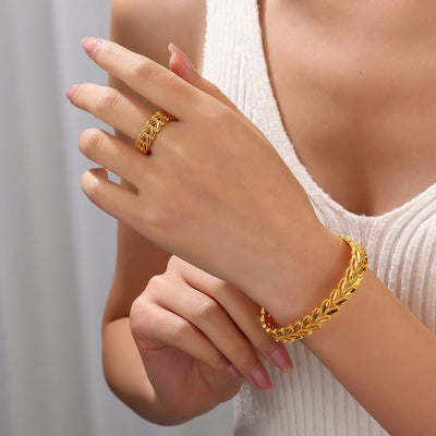Gold Wheat Leaf Bracelet & Ring Set