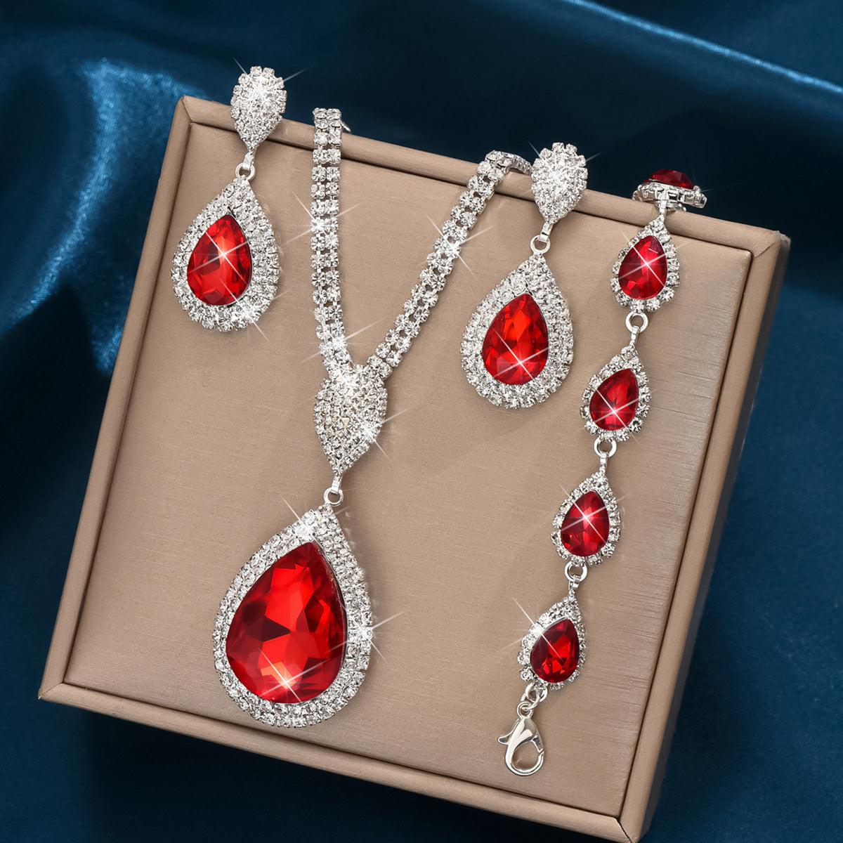 Red Sapphire Blue Water Drop Pendant Set