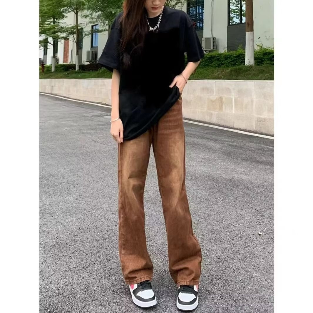 American Retro Brown Straight-leg Denim Pants