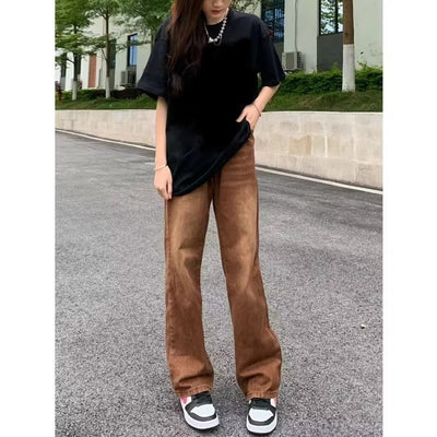 American Retro Brown Straight-leg Denim Pants