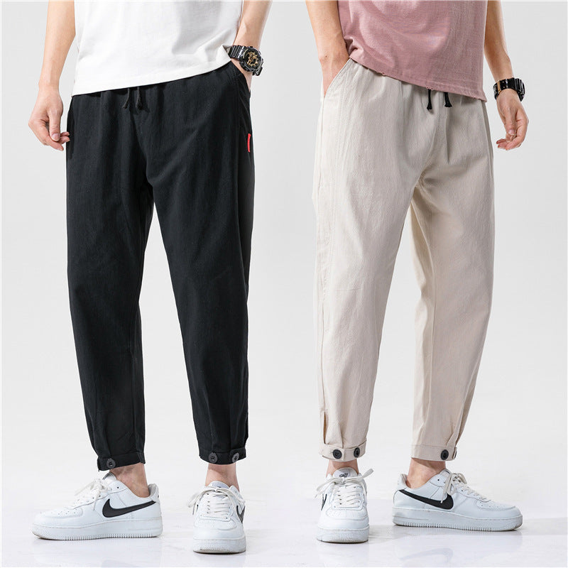 Pantalon court ample en coton et lin pour homme, coupe droite et décontractée
