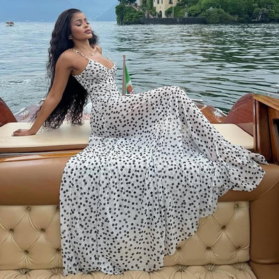 Street Shot Polka Dot Print Sleeveless Sling High Waist Dress