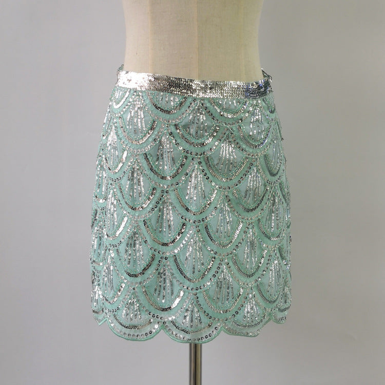 Heavy industry sequin wave edge hip hugging short skirt and half body skirt