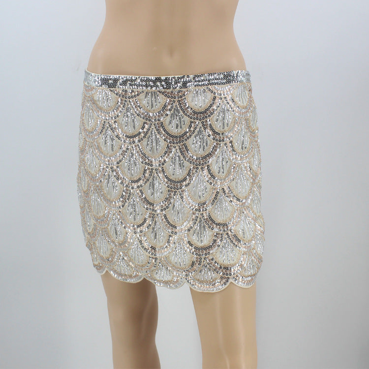 Heavy industry sequin wave edge hip hugging short skirt and half body skirt