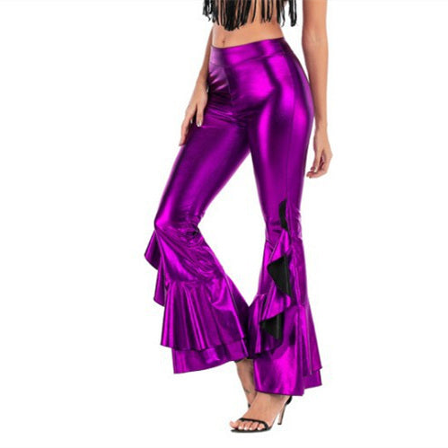 Pantalon slim en similicuir irrégulier à pattes d'éléphant pour femme