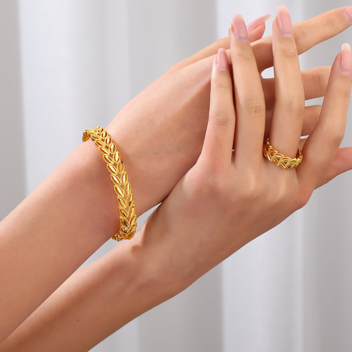 Gold Wheat Leaf Bracelet & Ring Set
