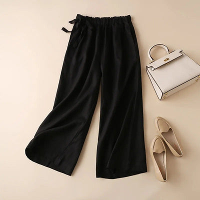 High Waist Side Lace-up Retro Art Elastic-waist Casual Pants For Women