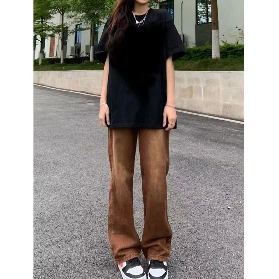 American Retro Brown Straight-leg Denim Pants