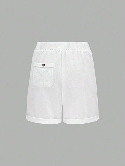 Solid Color Drawstring Shorts With Pockets, Summer Casual Wear