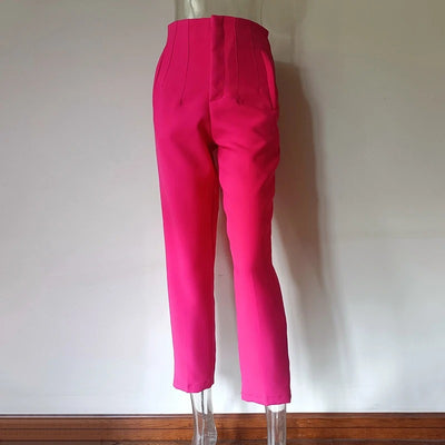 Pantalon slim basique plissé décontracté taille haute de couleur unie