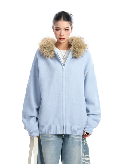 Detachable Fur Collar Hood Sweater Women's Coat