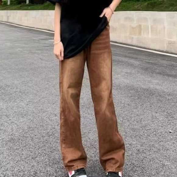 American Retro Brown Straight-leg Denim Pants