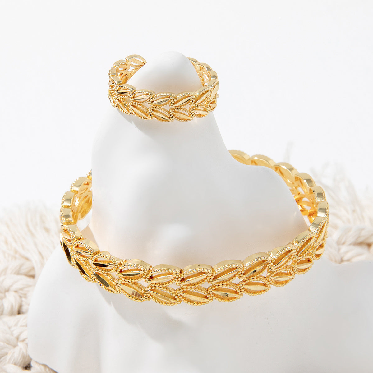 Gold Wheat Leaf Bracelet & Ring Set