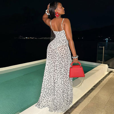 Street Shot Polka Dot Print Sleeveless Sling High Waist Dress