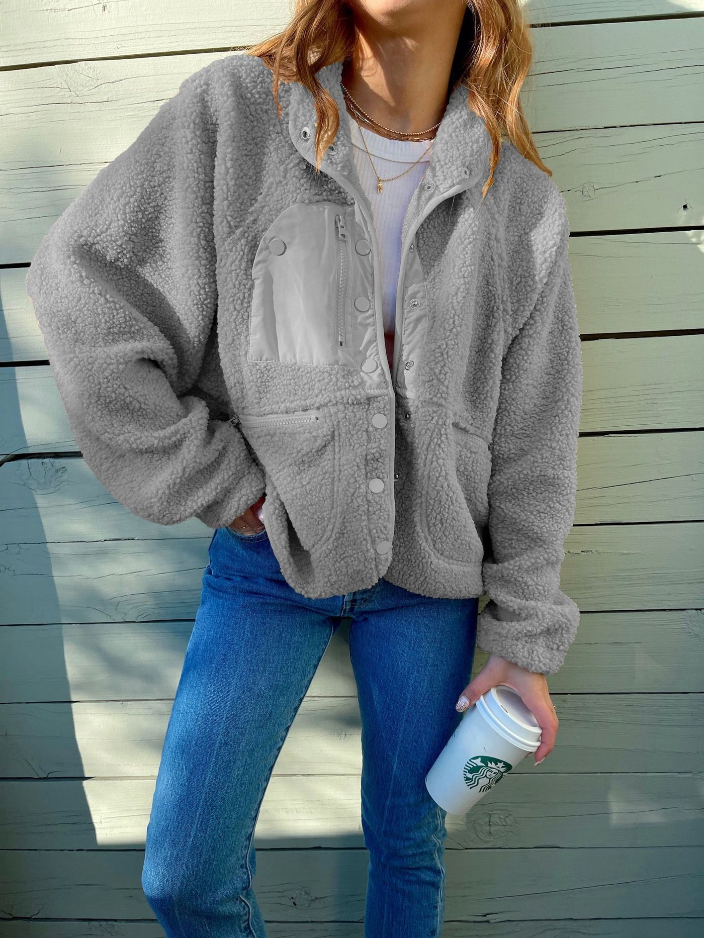 Cardigan court en peluche, manteau en laine d'agneau