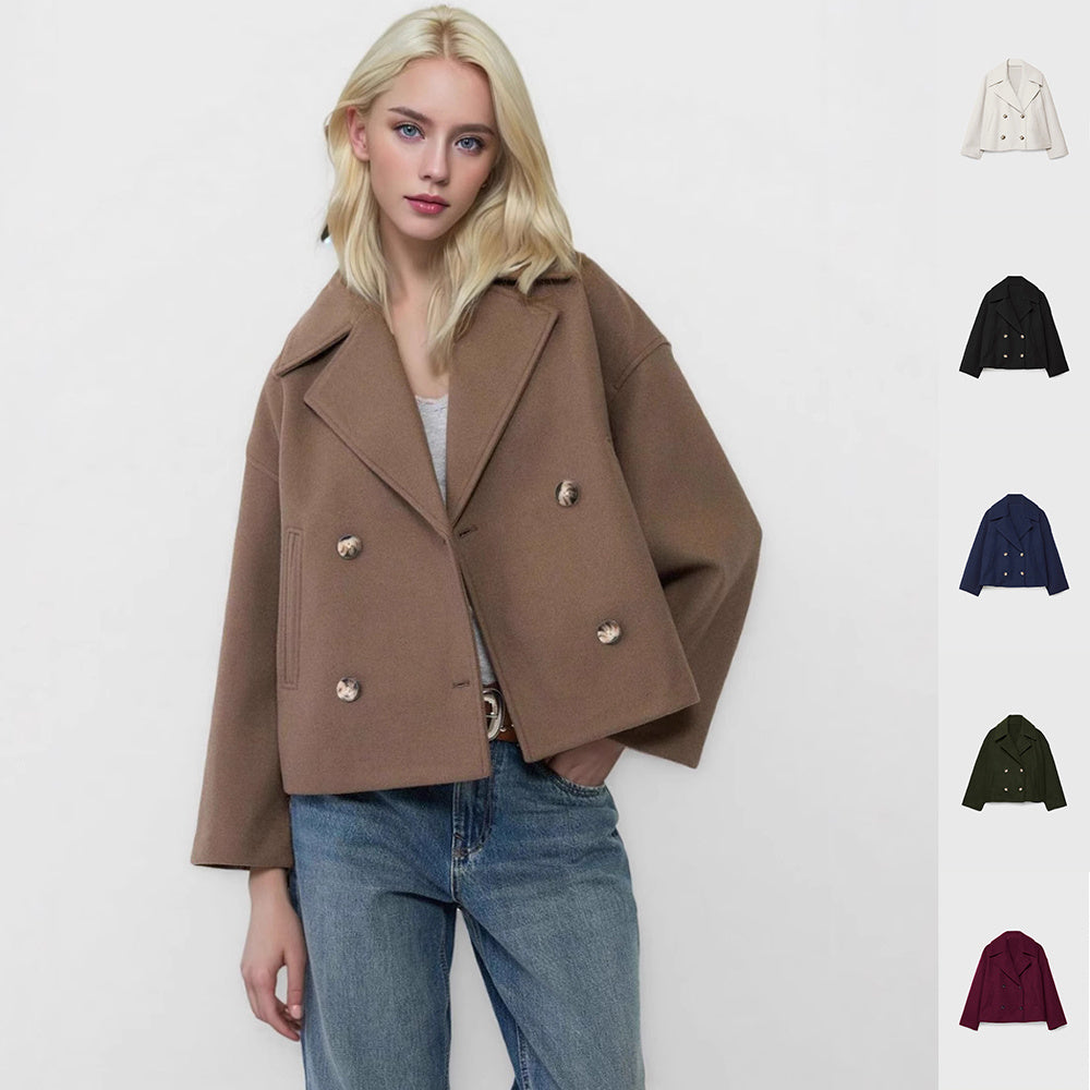 Veste blazer à revers croisé, manteau court en laine ample et élégant pour femme