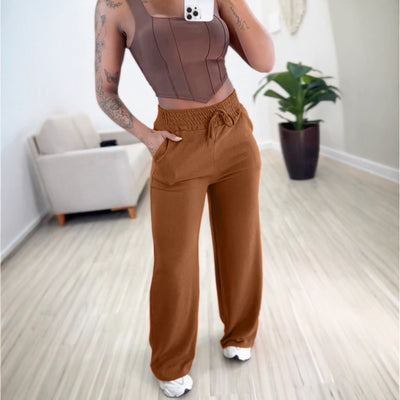 Solid Color High Waist Lace-up Elastic Waist Trimming Casual Trousers