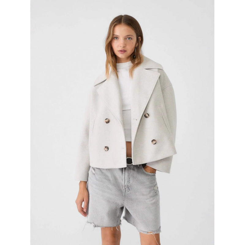 Veste blazer à revers croisé, manteau court en laine ample et élégant pour femme