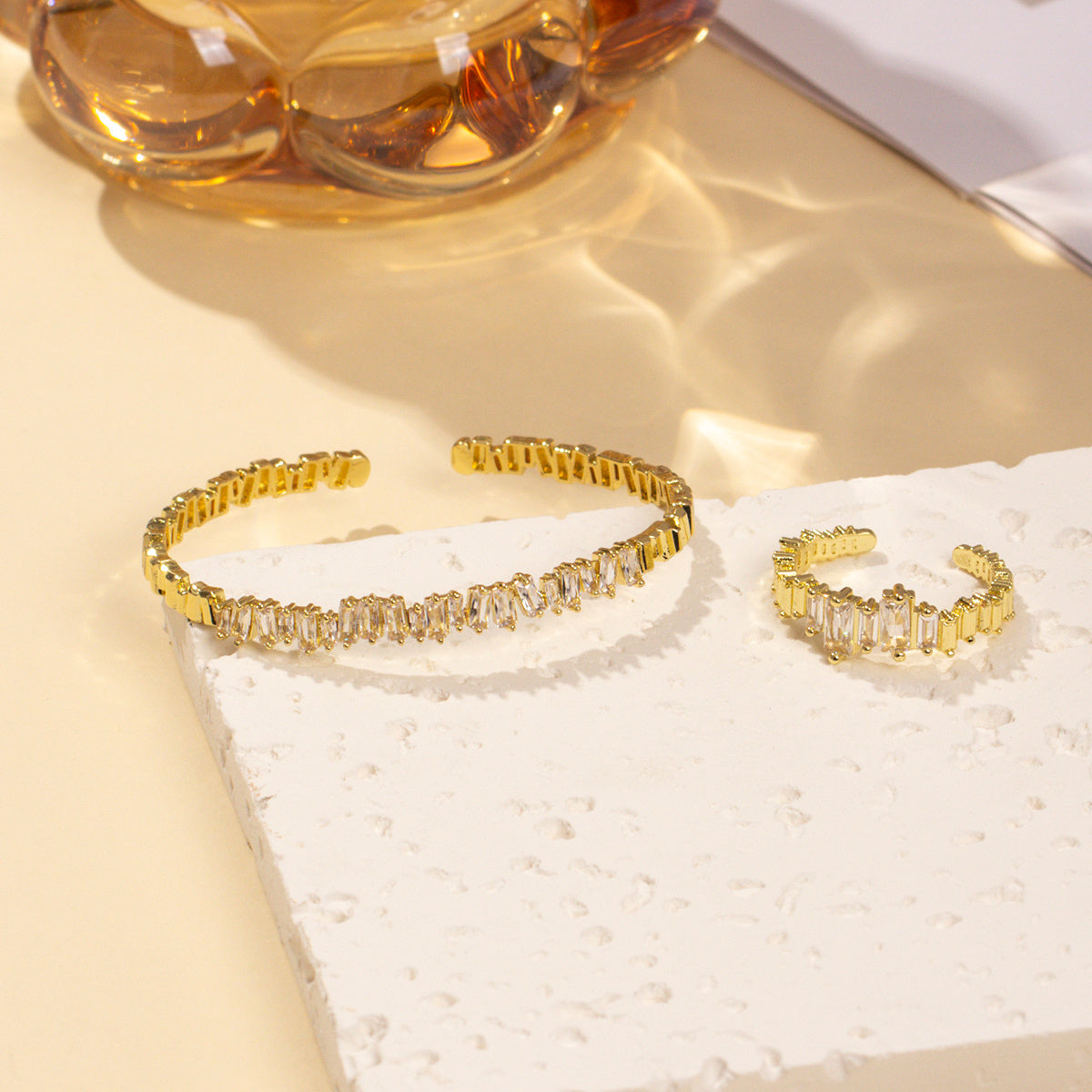 Cubic Zirconia Open Wristband & Ring Set