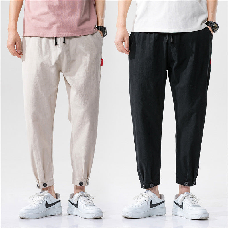 Pantalon court ample en coton et lin pour homme, coupe droite et décontractée