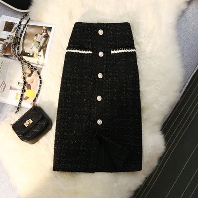 High Waist Slimming Breasted Pocket A- Line Slit Skirt