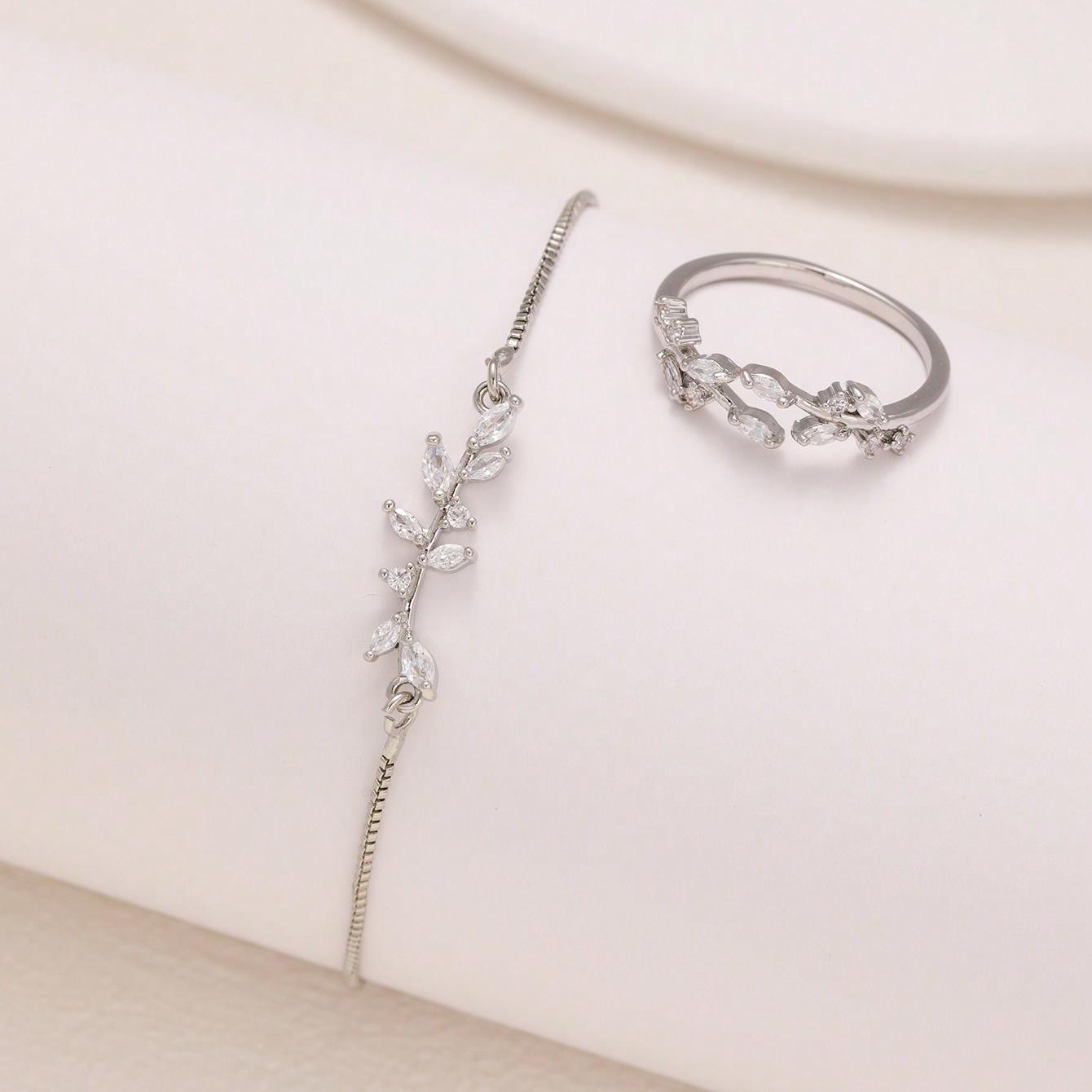 Silver Zircon Leaf Bracelet & Ring Set