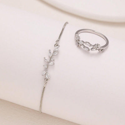 Silver Zircon Leaf Bracelet & Ring Set