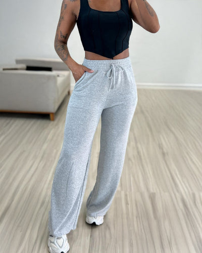 Solid Color High Waist Lace-up Elastic Waist Trimming Casual Trousers