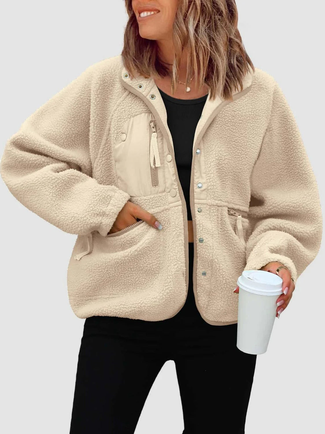 Cardigan court en peluche, manteau en laine d'agneau