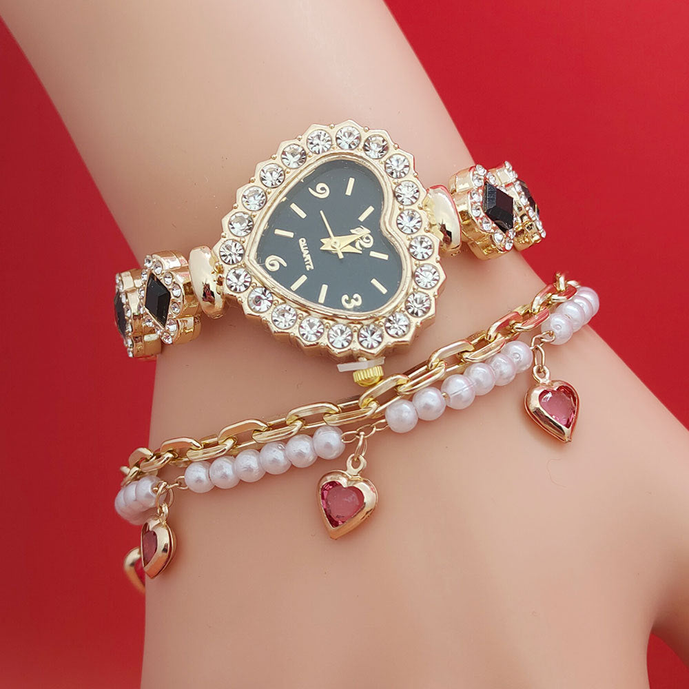 Montre-bracelet tendance en forme d'amour, montre à quartz en forme de cœur couleur diamant, ensemble de bijoux tendance pour femme, cadeau de Saint-Valentin