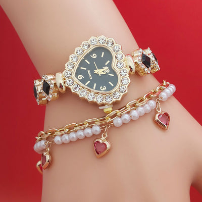 Montre-bracelet tendance en forme d'amour, montre à quartz en forme de cœur couleur diamant, ensemble de bijoux tendance pour femme, cadeau de Saint-Valentin