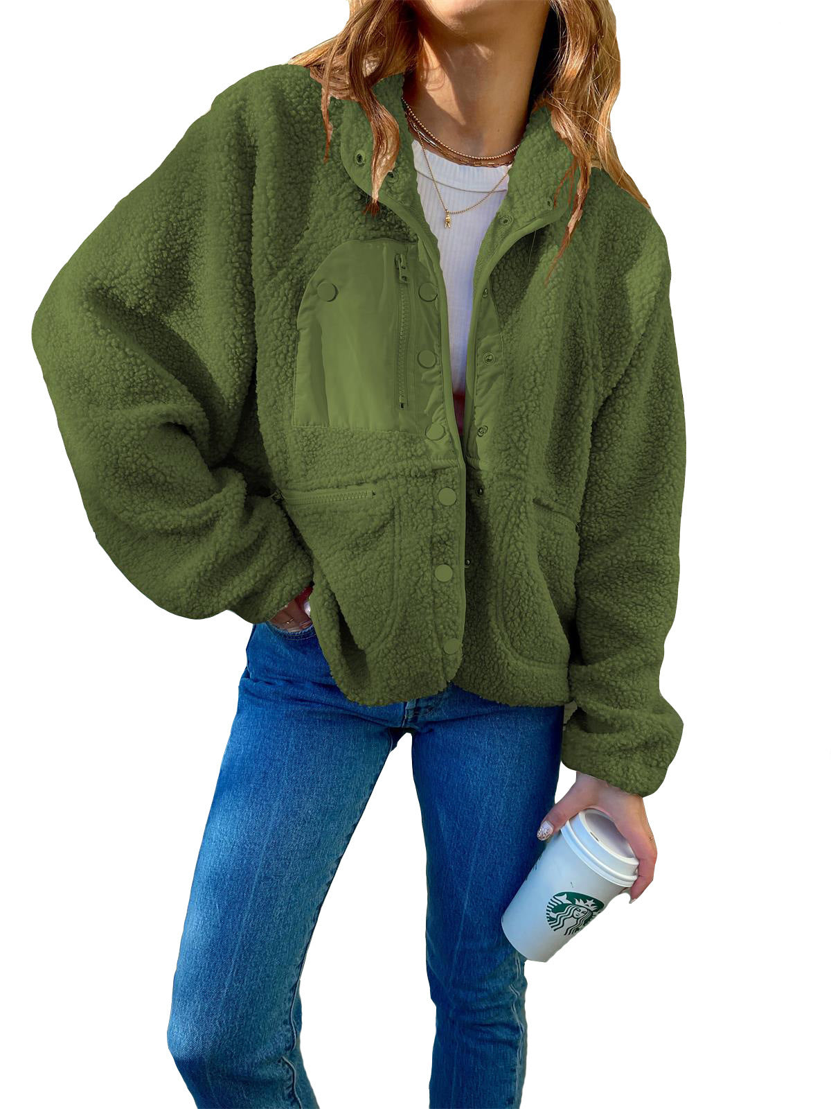 Cardigan court en peluche, manteau en laine d'agneau