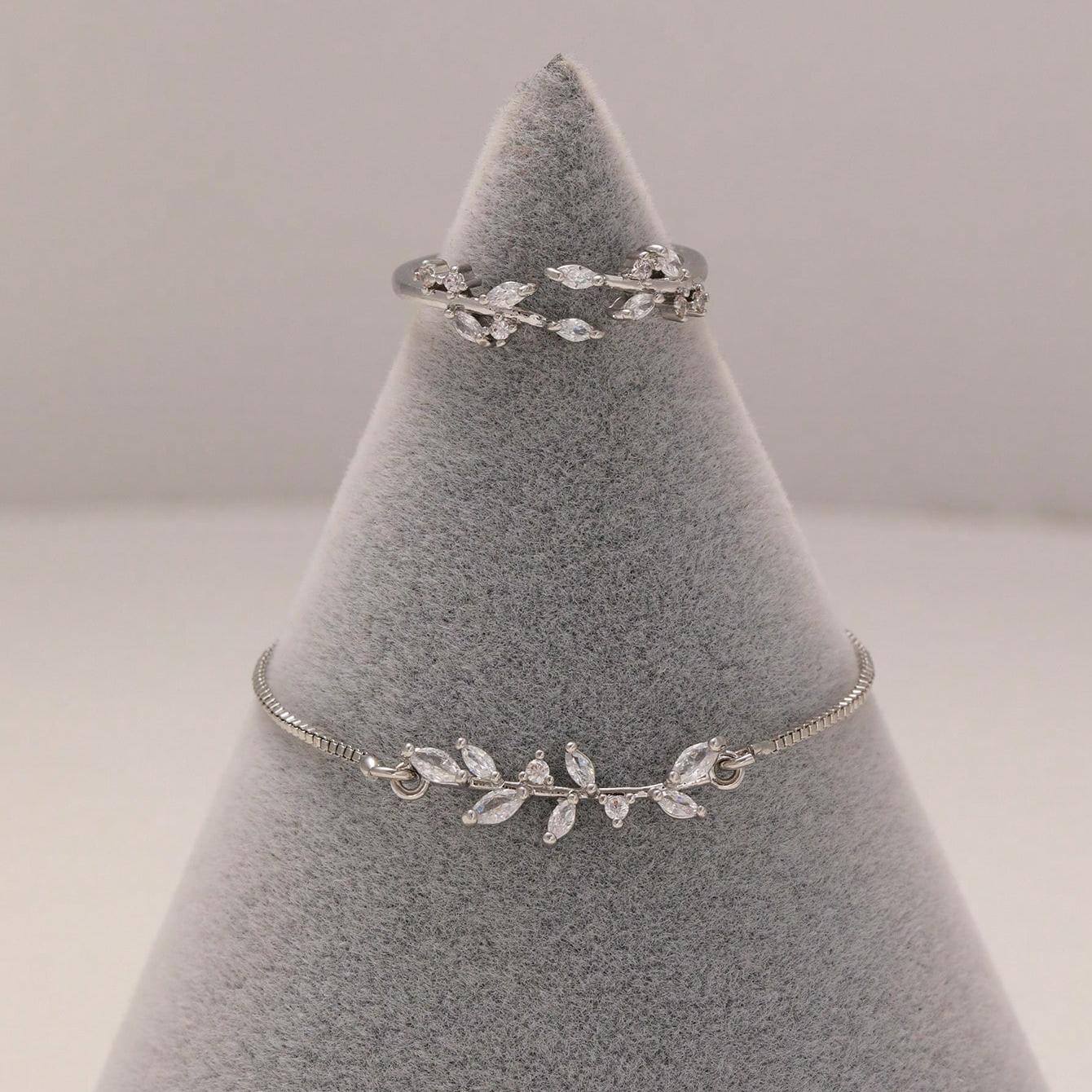 Silver Zircon Leaf Bracelet & Ring Set