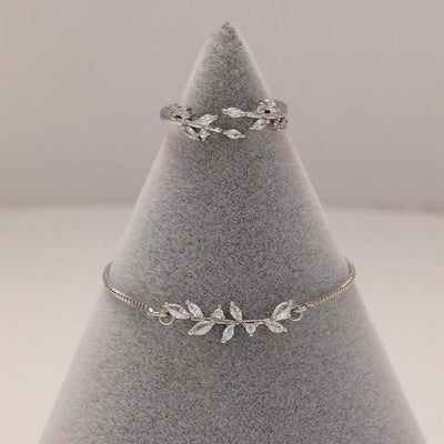 Silver Zircon Leaf Bracelet & Ring Set