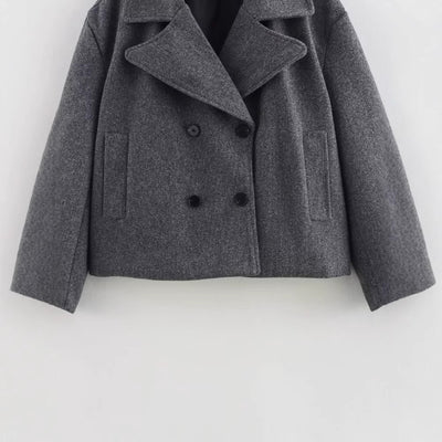 Gray Suit Woolen Jacket Women's Loose Double-breasted Short Coat