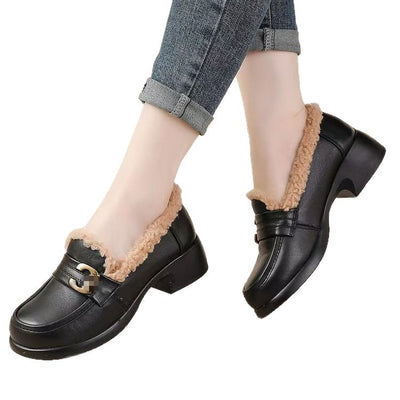 Plush Mary jane cotton shoes with faux-fur lining and chunky sole, perfect for cozy winter style.