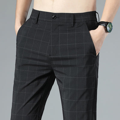 Pantalon d'été en soie glacée à carreaux pour homme, coupe slim