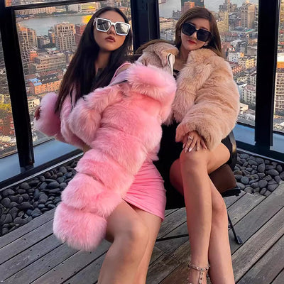 Short Hooded Faux Fur Long Sleeve Coat