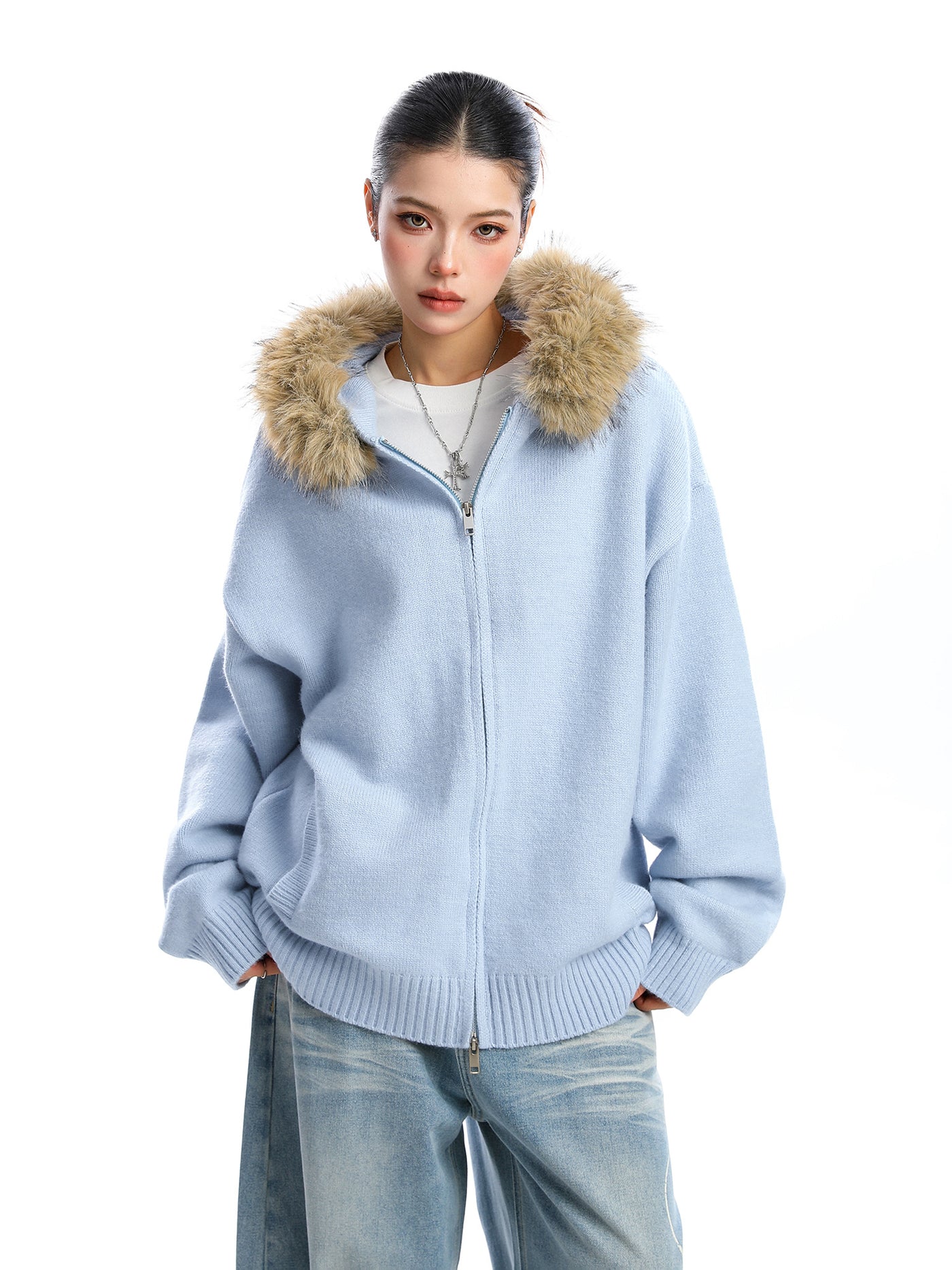 Detachable Fur Collar Hood Sweater Women's Coat