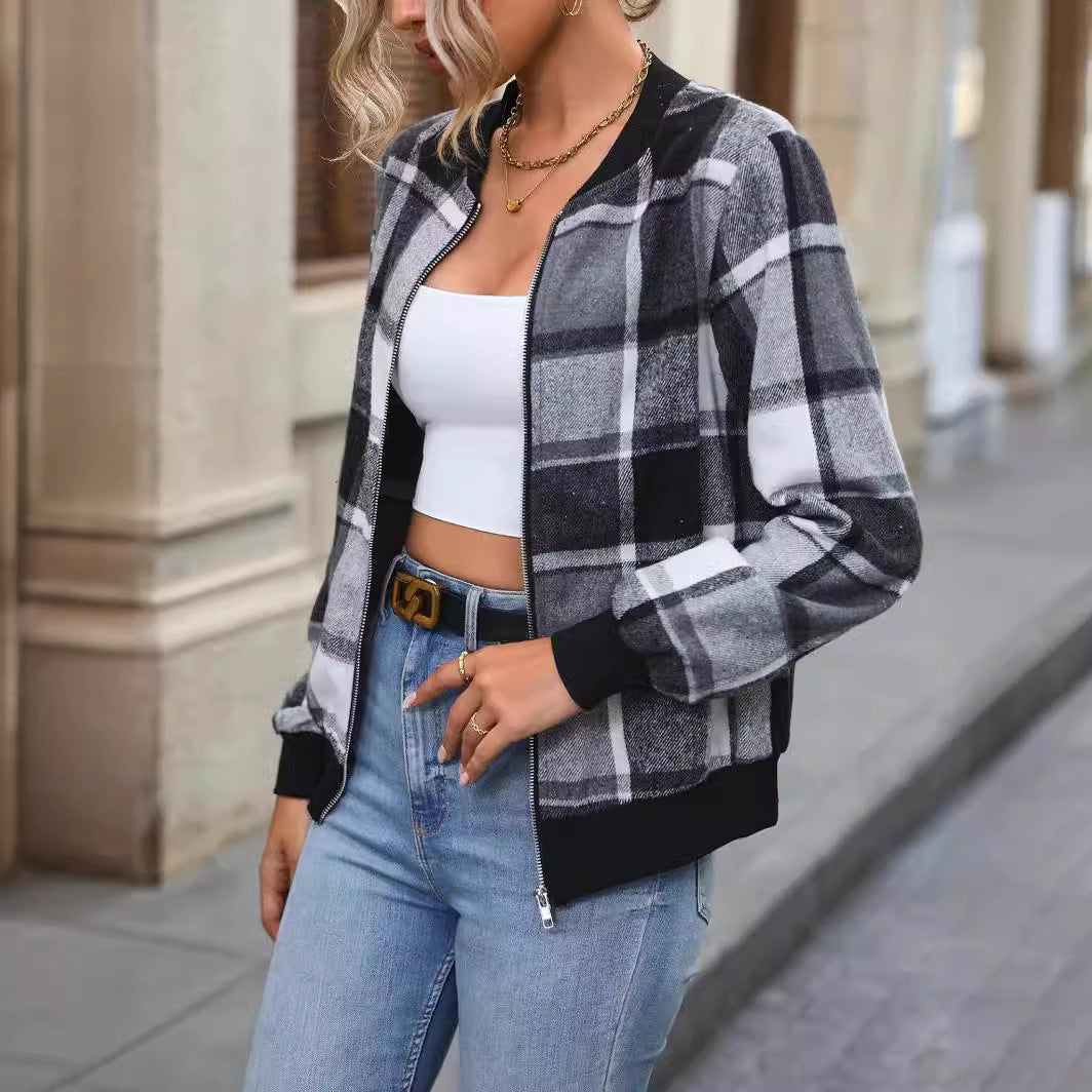 European And American Autumn And Winter Plaid Baseball Jacket Jacket