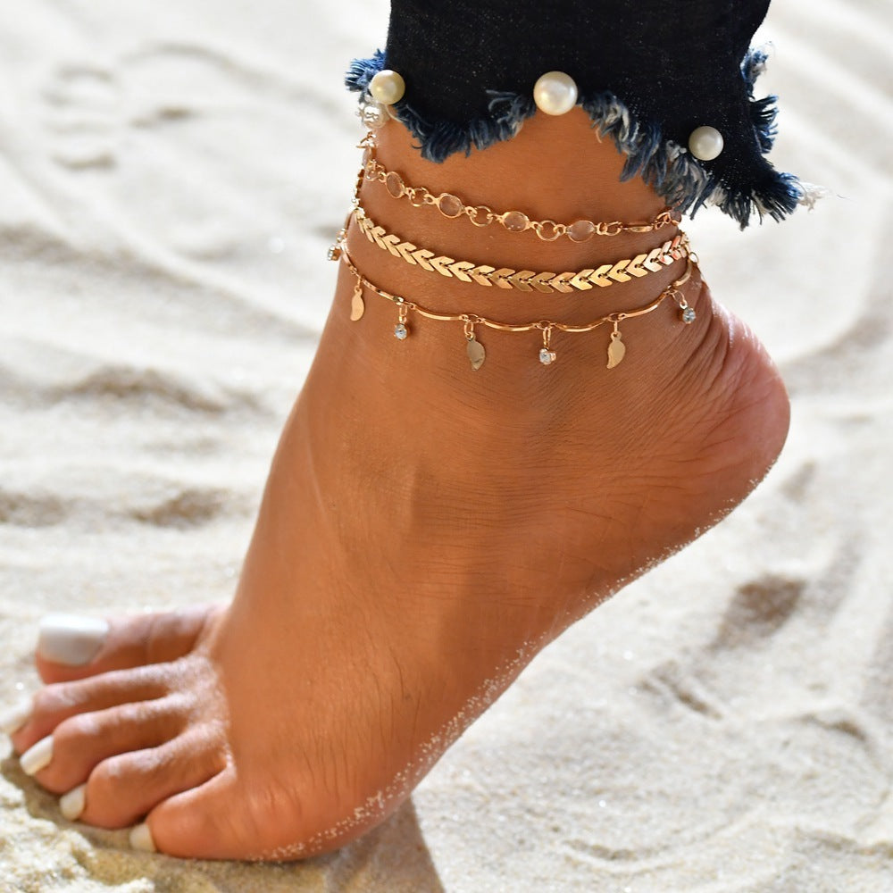 Diamond Studded Tassel Foot Jewelry 3-Piece Set