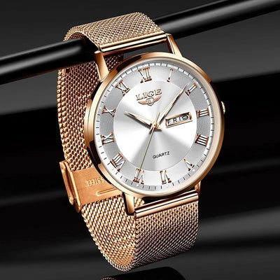 Montre à quartz fine pour femme, étanche, double calendrier