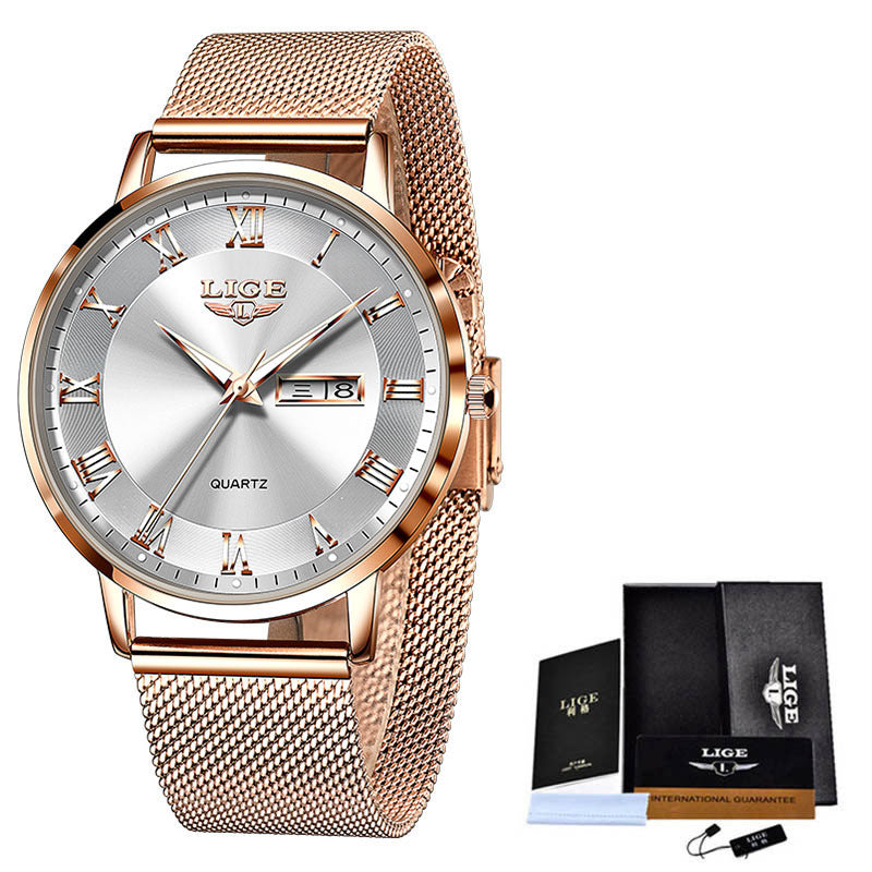 Montre à quartz fine pour femme, étanche, double calendrier