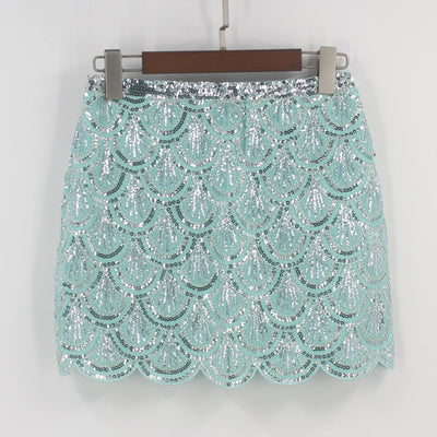 Heavy industry sequin wave edge hip hugging short skirt and half body skirt